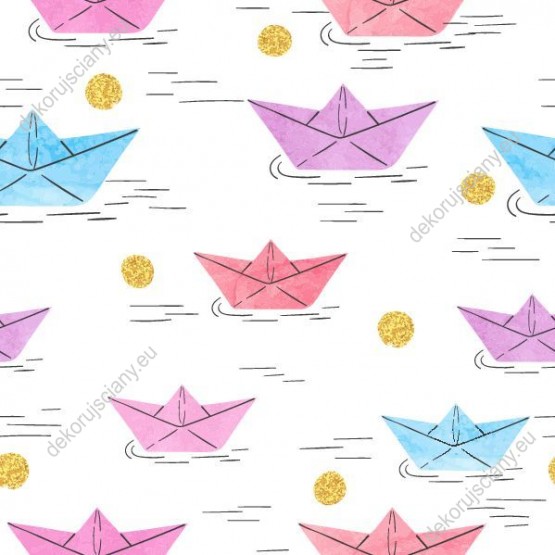 Wizualizacja tapety na ścianę do pokoju dziecięcego w pływające, różowe, niebieskie i fioletowe papierowe statki, na białym tle.