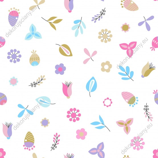 Wizualizacja tapety na ścianę do pokoju dziecięcego w kolorowe, wiosenne liście i kwiaty, na białym tle.