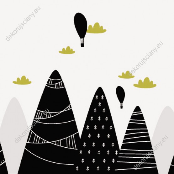 Wizualizacja tapety na ścianę do pokoju dziecięcego. Tapeta przedstawia wysokie góry w kolorach czarnym i szarym, na białym tle.