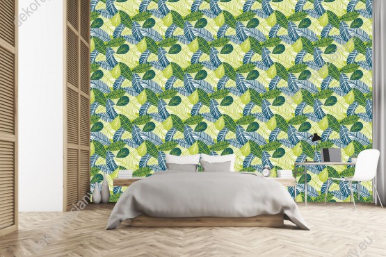 Wizualizacja tapety do pokoju dziennego, sypialni, salonu, przedpokoju, biura. Tapeta w abstrakcyjne liście w barwach granatowo-zielonych.