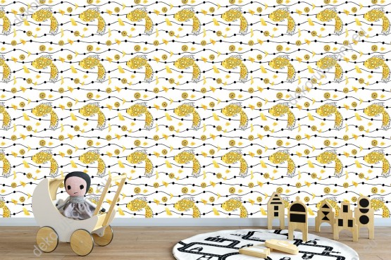 Wizualizacja tapety na ścianę do pokoju dziecięcego o tematyce zwierzęcej. Tapeta w żółte ryby, na białym tle.