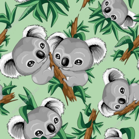 Wizualizacja tapety na ścianę do pokoju dziecięcego o tematyce zwierzęcej. Tapeta w misie koala na zielonym tle. Misie jedzą liście eukaliptusa.