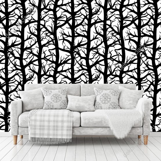 Wizualizacja tapety do pokoju dziennego, sypialni, salonu, przedpokoju, biura. Tapeta z czarnymi drzewami na białym tle.