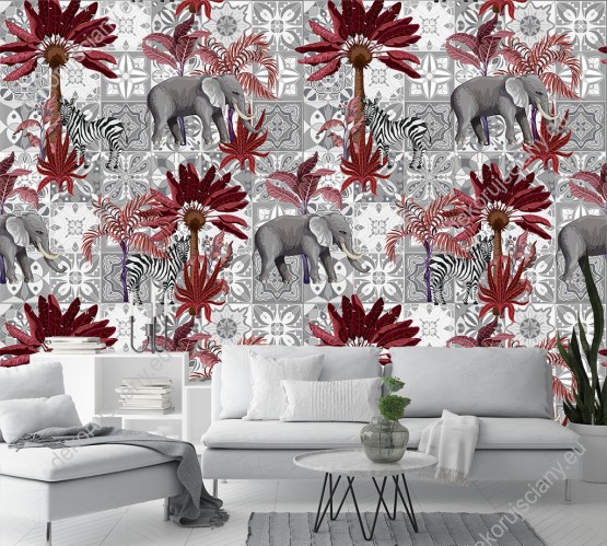 Wizualizacja tapety  do pokoju dziennego, sypialni, salonu, przedpokoju, biura, kuchni. Wzór ze słoniami i tropikalnymi drzewami na geometrycznym tle.