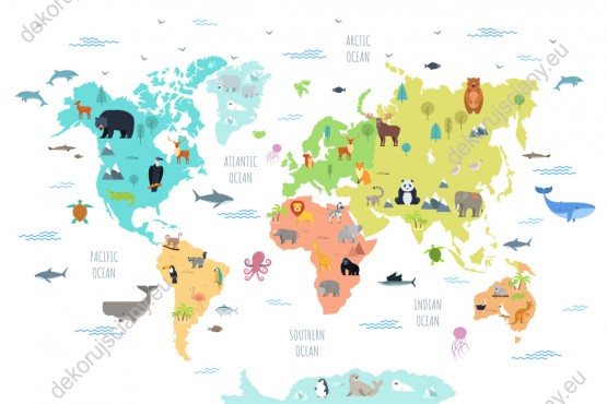 Wzornik fototapety do pokoju dziecięcego przedstawiająca kolorową mapę świata z różnymi zwierzętami ze wszystkich kontynentów, na białym tle.