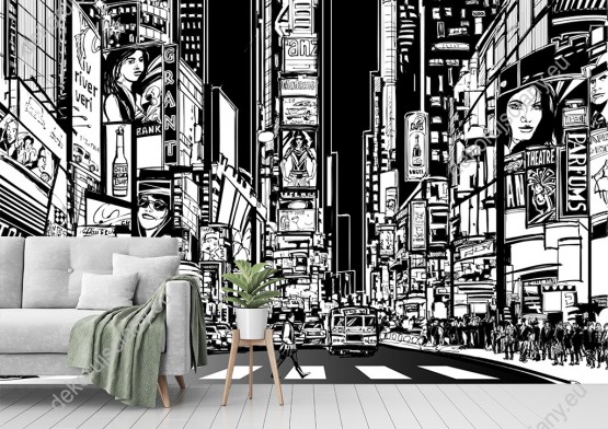 Wizualizacja fototapety z komiksowym przedstawieniem Nowego Jorku. Obraz do pokoju dziennego, młodzieżowego, sypialni, salonu, biura, gabinetu, przedpokoju i jadalni.