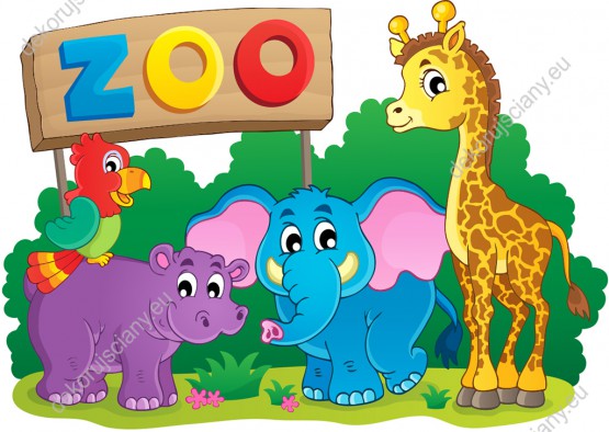 Wzornik fototapety do pokoju dziecięcego ze zwierzętami z ZOO - żyrafą, hipopotamem, słoniem i kolorową papugą.