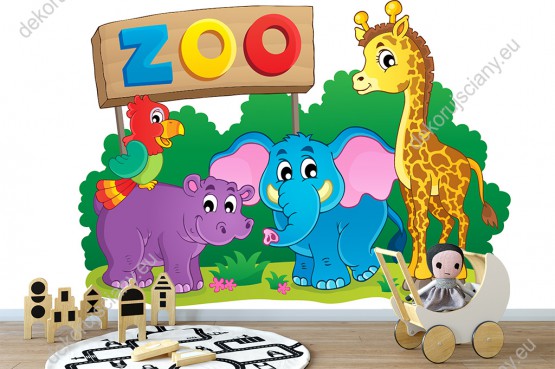 Wizualizacja fototapety do pokoju dziecięcego ze zwierzętami z ZOO - żyrafą, hipopotamem, słoniem i kolorową papugą.