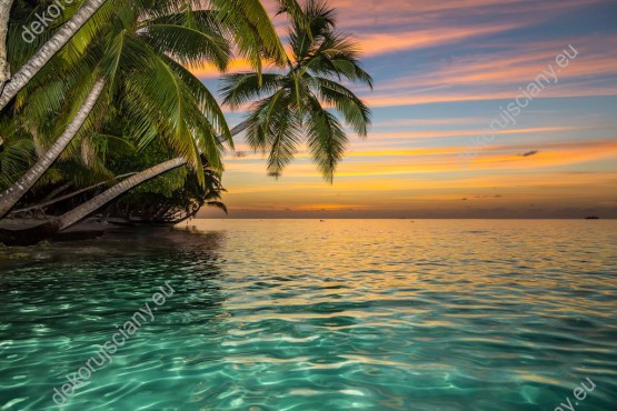 Wzornik obrazu z widokiem zachodu słońca na tropikalnej wyspie. Przeznaczenie obrazu do pokoju dziennego, pokoju młodzieżowego, sypialni, salonu, biura.