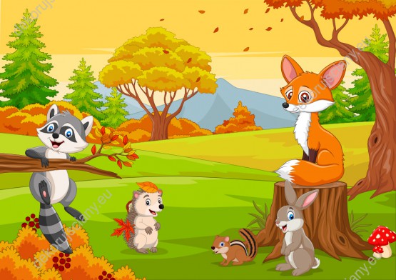 Wzornik obrazu do pokoju dziecięcego. Wesołe leśne zwierzęta: szop, królik, lis, wiewiórka i jeż w kolorowym jesiennym lesie.