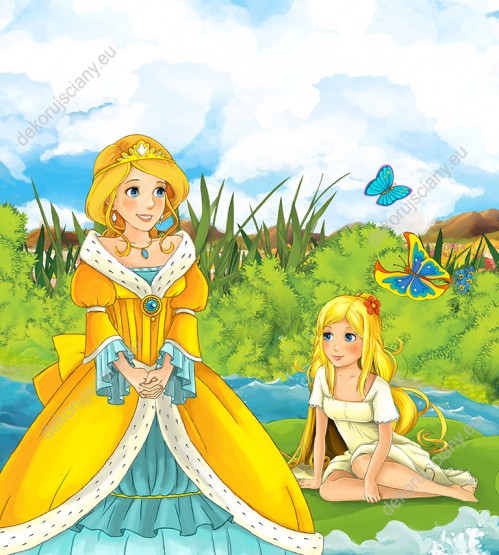 Wzornik obrazu do pokoju dziecięcego z piękną, bajkową księżniczką i dziewczyną płynącą na liściu po strumyku.