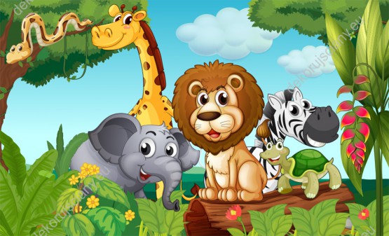 Wzornik obrazu do pokoju dziecięcego ze zwierzętami afrykańskimi. Lew, żyrafa, słoń, zebra, żółw i wąż w dżungli.