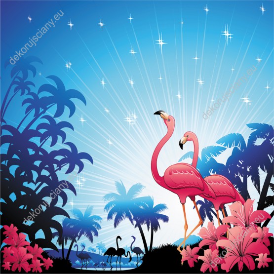 Wzornik obrazu do pokoju dziecięcego z różowymi flamingami w na tropikalnej wyspie wśród egzotycznych roślin.