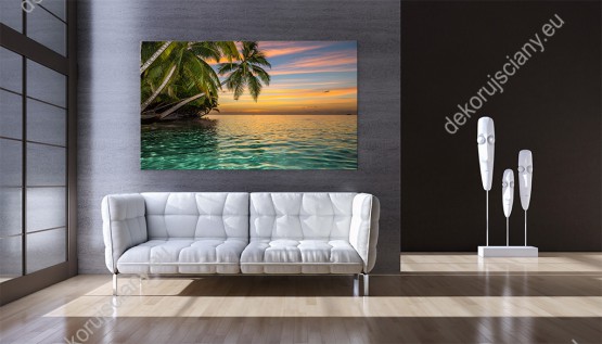 Wizualizacja obrazu z widokiem zachodu słońca na tropikalnej wyspie. Przeznaczenie obrazu do pokoju dziennego, pokoju młodzieżowego, sypialni, salonu, biura.