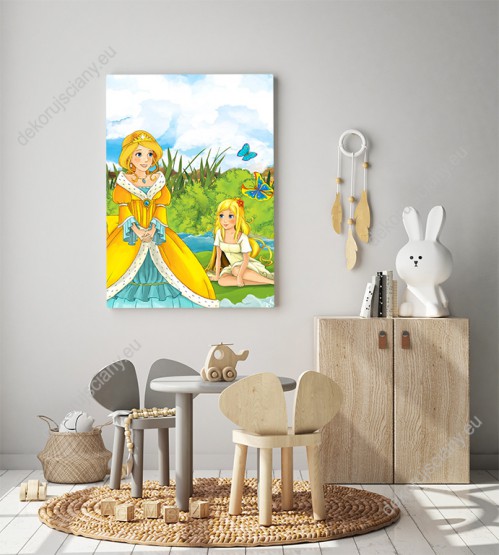 Wizualizacja obrazu do pokoju dziecięcego z piękną, bajkową księżniczką i dziewczyną płynącą na liściu po strumyku.