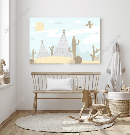Wizualizacja obrazu do pokoju dziecięcego z motywem indiańskim. Namioty tipi na piaskach pustyni wśród kaktusów, na tle błękitnego nieba.