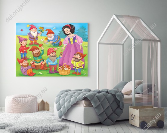Wizualizacja obrazu do pokoju dziecięcego z baśniowym motywem Królewny Śnieżki i siedmiu krasnoludków.