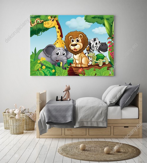 Wizualizacja obrazu do pokoju dziecięcego ze zwierzętami afrykańskimi. Lew, żyrafa, słoń, zebra, żółw i wąż w dżungli.