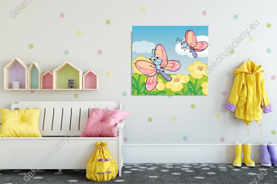 Wizualizacja obrazu do pokoju dziecięcego z wesołymi motylkami latającymi wśród wiosennych kwiatów.