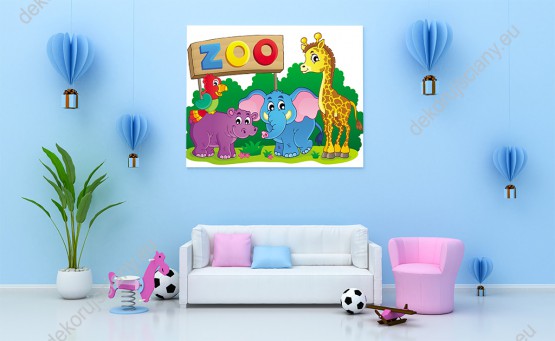 Wizualizacja obrazu do pokoju dziecięcego ze zwierzętami z Zoo żyrafą, hipopotamem, słoniem i kolorową papugą.