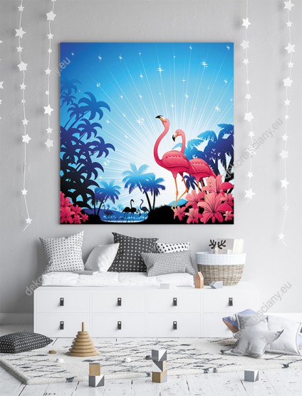 Wizualizacja obrazu do pokoju dziecięcego z różowymi flamingami w na tropikalnej wyspie wśród egzotycznych roślin.