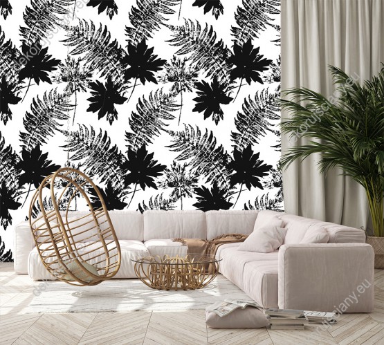 Wizualizacja tapety do pokoju dziennego, młodzieżowego, sypialni, salonu, przedpokoju, biura z tropikalnym motywem. Tapeta przedstawia czarne liście egzotycznych roślin, na białym tle.