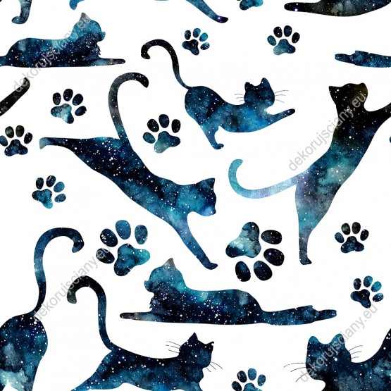 Wizualizacja tapety, koty nocą w blasku gwiazd na białym tle. Odcienie koloru czarnego i niebieskiego.