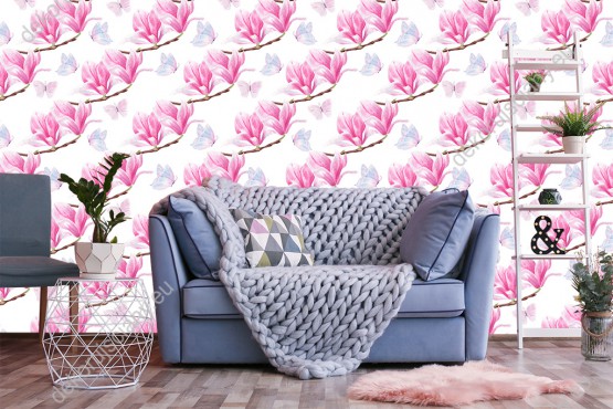Wizualizacja tapety, motyle i magnolie koloru różowego na białym tle.