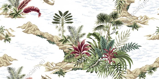 Wizualizacja tapety, bogata roślinność na górzystej wyspie.
