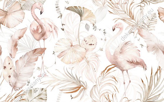 Wizualizacja tapety, tropikalny świat roślin i flamingów w kolorze pastelowym na białym tle.