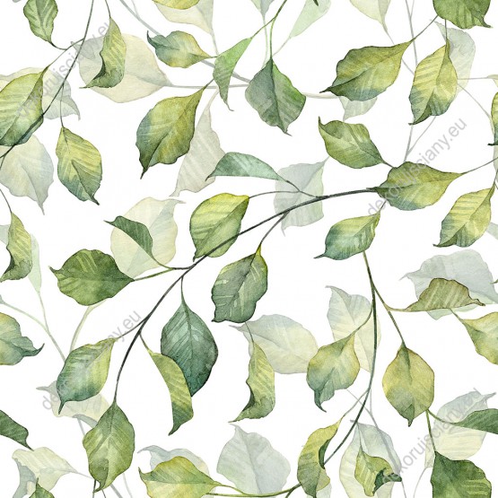 Wizualizacja tapety, zwisające liście w odcieniach zieli na białym tle.