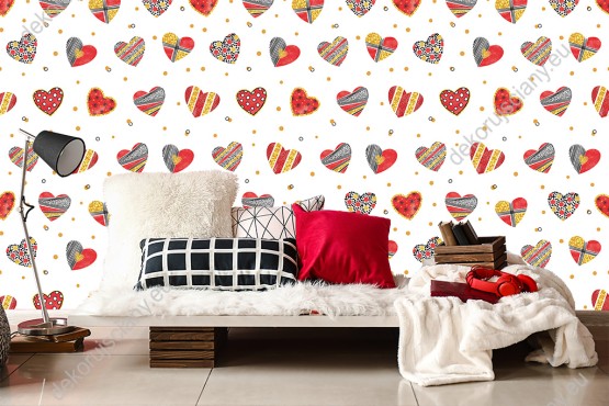 Wizualizacja tapety do pokoju , młodzieżowego, sypialni we wzorzyste serca, na białym tle.