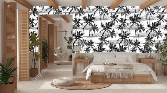 Wizualizacja tapety do pokoju dziennego, młodzieżowego, sypialni, salonu, przedpokoju, biura w klimacie tropikalnym. Wzór tapety w czarne palmy i szare wzory pociągnięte pędzlem, na białym tle.
