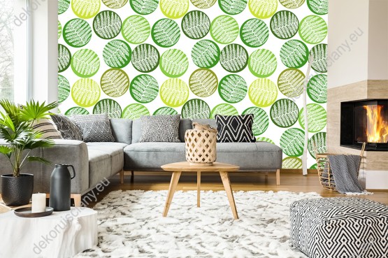 Wizualizacja tapety do pokoju dziennego, sypialni, salonu, przedpokoju, biura  z motywem tropikalnym. Tapeta przedstawia liście egzotycznych roślin w zielonych kulach, na białym tle.