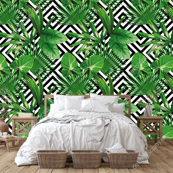 Wizualizacja tapety do sypialni, salonu, przedpokoju, gabinetu, pokoju dziennego, biura, w zielone liście egzotycznych roślin, na czarno-białym, abstrakcyjnym tle. 