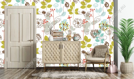 Wizualizacja tapety do sypialni, salonu, przedpokoju, gabinetu, biura, przedstawiająca kolorowe gałązki liści i kwiaty.