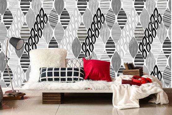 Wizualizacja tapety na ścianę do pokoju, dziennego, sypialni, salonu, przedpokoju, biura. Tapeta przedstawia szaro-czarne abstrakcyjne liście w paski.