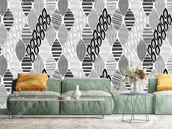 Wizualizacja tapety na ścianę do pokoju, dziennego, sypialni, salonu, przedpokoju, biura. Tapeta przedstawia szaro-czarne abstrakcyjne liście w paski.