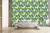 Wizualizacja tapety do pokoju dziennego, sypialni, salonu, przedpokoju, biura. Tapeta w abstrakcyjne liście w barwach granatowo-zielonych.