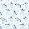 Wizualizacja tapety do pokoju dziecięcego. Tapeta ze wzorem niedźwiedzi polarnych łapiących ryby wśród opadających płatków śniegu, na białym tle.