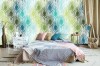 Wizualizacja tapety na ścianę do pokoju dziennego, sypialni, salonu, przedpokoju, biura. Tapeta w pawie pióra w kolorach: zielonym, niebieskim i morskim.