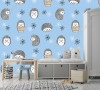 Wizualizacja tapety na ścianę do pokoju dziecięcego. Tapeta przedstawia urocze jeżyki, na niebieskim tle.