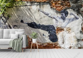 Wizualizacja fototapety przestawia mural ze wschodnią sztuką walki. Fototapeta do pokoju młodzieżowego, salonu, sypialni.