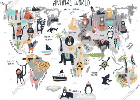 Wzornik fototapety do pokoju dziecięcego i młodzieżowego przedstawiająca mapę świata i różnorodne zwierzęta wszystkich kontynentów, na białym tle.