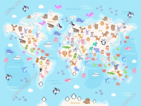 Wzornik obrazu do pokoju dziecięcego przedstawiająca mapę świata z kolorowymi zwierzętami ze wszystkich kontynentów, na błękitnym tle mórz i oceanów.