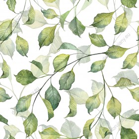 Wzornik tapety, zwisające liście w odcieniach zieli na białym tle.