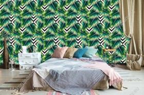Wizualizacja tapety do pokoju dziennego, młodzieżowego, sypialni, salonu, przedpokoju, biura  z motywem tropikalnym. Tapeta przedstawia zielone liście egzotycznych roślin, na tle czarnobiałych pasów.