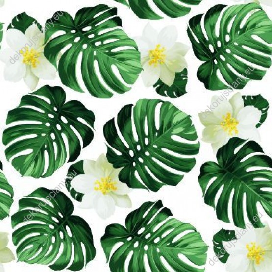 Wizualizacja tapety do pokoju dziennego, sypialni, salonu, przedpokoju, biura z motywem tropikalnym. Tapeta przedstawia zielone liście egzotycznych roślin i kwiaty jaśminu, na białym tle.