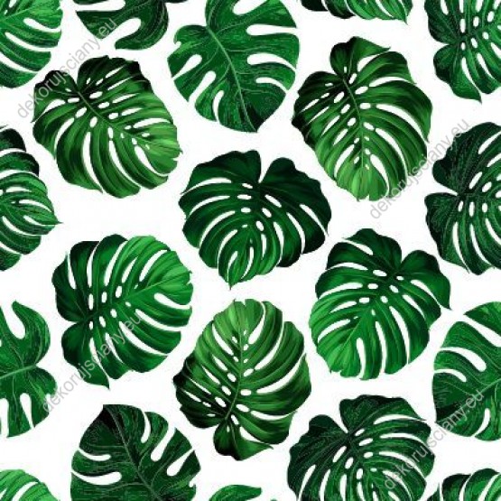 Wizualizacja tapety do pokoju dziennego, młodzieżowego, sypialni, salonu, przedpokoju, biura z motywem tropikalnym. Tapeta przedstawia zielone liście egzotycznych roślin, na białym tle.
