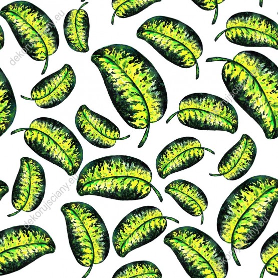 Wzornik tapety do pokoju dziennego, młodzieżowego, sypialni, salonu, przedpokoju, biura z motywem tropikalnym. Tapeta przedstawia zielone liście egzotycznych roślin, na białym tle.